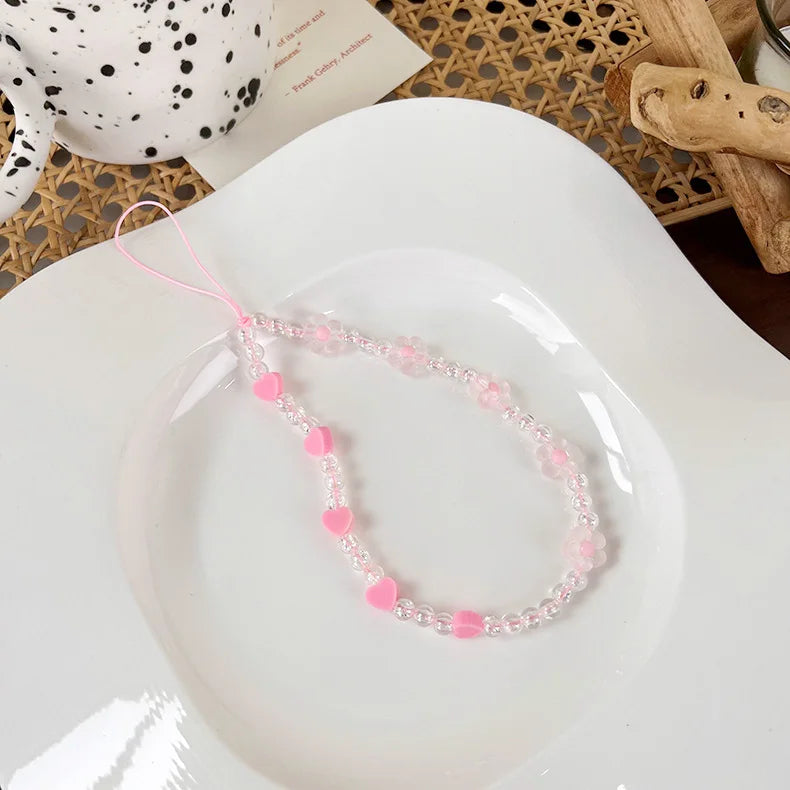 2023 Pink Acrylic Heart Cellphone Chain Lanyard Jewelry for Women Vintage Devil Eye Flower Charm Phone Case Strap Accessories