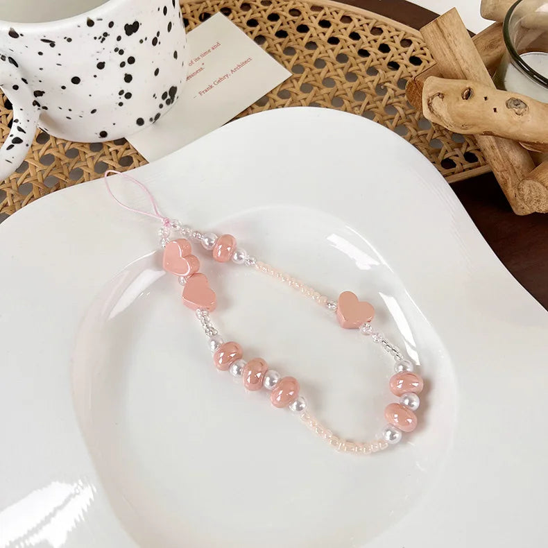 2023 Pink Acrylic Heart Cellphone Chain Lanyard Jewelry for Women Vintage Devil Eye Flower Charm Phone Case Strap Accessories